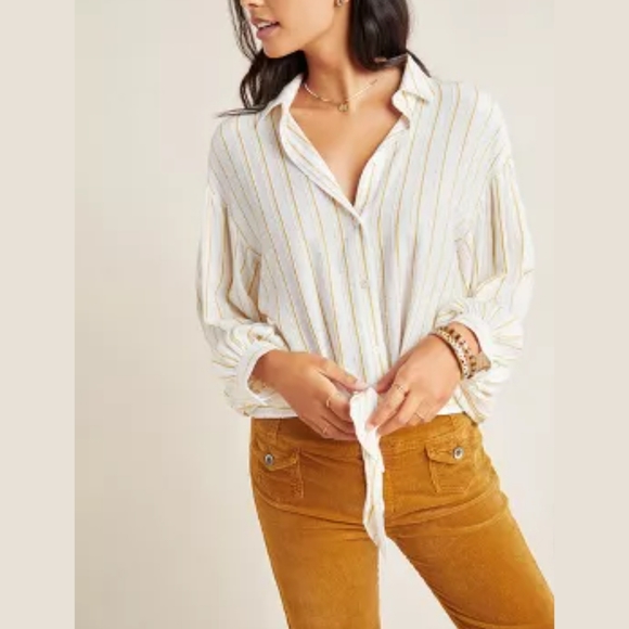 Anthropologie White & Yellow Textured Stripe Woven Tie Front Blouse Size 8 - Picture 1 of 7